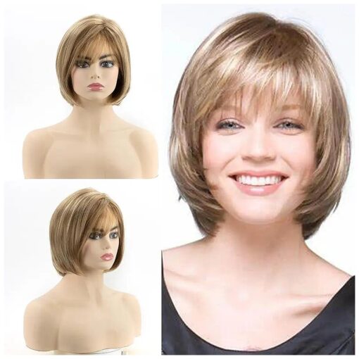 TISHINING Short Blonde Bob Wigs for White Women Blonde Highlight Pixie Bob Wig with Bangs Layered Straight Bob Synthetic Hair Replacement Wigs for Daily Party Use