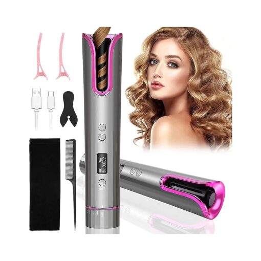 Cordless Auto Hair Curler, Automatic Curling Iron with LCD Display Adjustable Temperature & Timer, Rechargeable & Portable Curling Wand for Travel, Magic Styling Tools ( Purple )