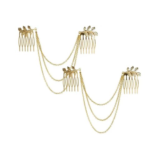 yueton 2pcs Fashion Ladies Athena Olive Branch Tassel Leaf Clips Barrettes Bobby Pin Hair Clips Bride Headwear Edge Clip Clamps Cuff Boho Headbands