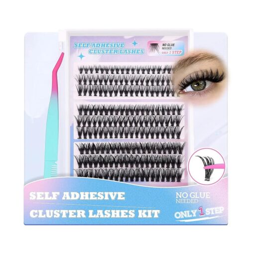 Self Adhesive Eyelashes Lash Clusters Kit Self Adhesive Individual Lashes kit 180 pcs Reusable Cluster Lashes Self Adhesive 30D 40D 50D No Glue 8-18mm Mixed Length Press on Lashes and Lash Tweezers