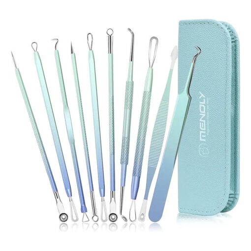 Pimple Popper Tool Kit, MENOLY 10Pcs Blackhead Remover Tools, Pimple Extractor, Acne Tools, Acne Kit for Blackhead, Blemish, Zit Removing, Whitehead Popping and Comedone Extractor Tool with Leather Bag