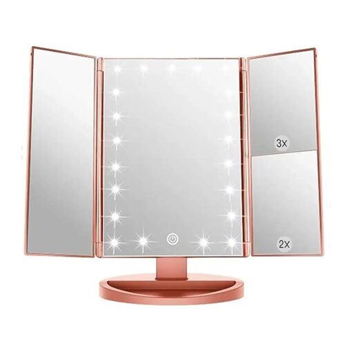 3 Folds Lighted Vanity Makeup Mirror,1X/2X/3X Magnification, 21 LED Light Bright Table Mirror with Touch Screen,180 Adjustable Rotation, Portable Travel Cosmetic Mirror