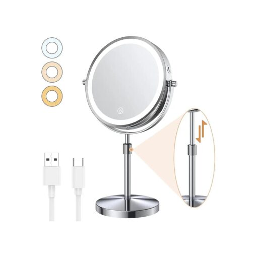 Benbilry 8.5" Lighted Makeup Vanity Mirror with 10X Magnification, 3 Colors Dimmable Lights & Height Adjustable, Rechargeable 1X/10X Magnifying Mirror, 360deg Swivel Cosmetic Tabletop Mirror Silver