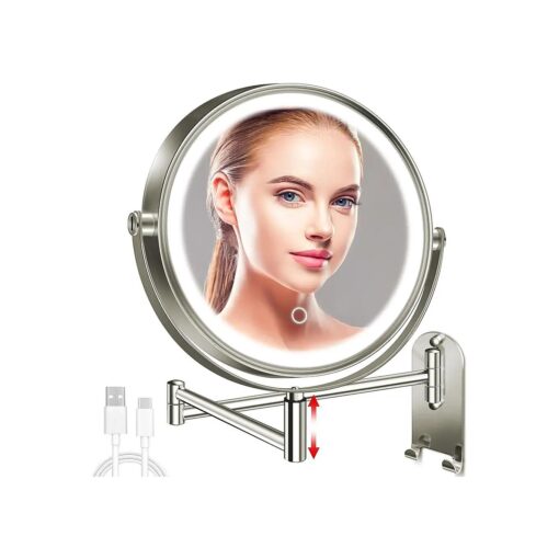 9" Wall Mounted Lighted Makeup Mirror, 3000mAh Rechargeable Double Sided 1X/10X Magnifying Mirror with Hook,3 Color Lights Dimmable 360deg Rotation Vanity Mirror for Bathroom