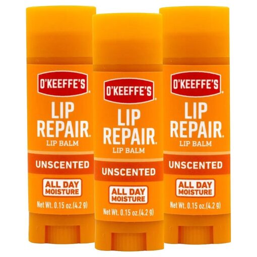 O'Keeffe 's Unscented Lip Repair Lip Balm for Dry, Cracked Lips, Stick, ( Pack of 3 )