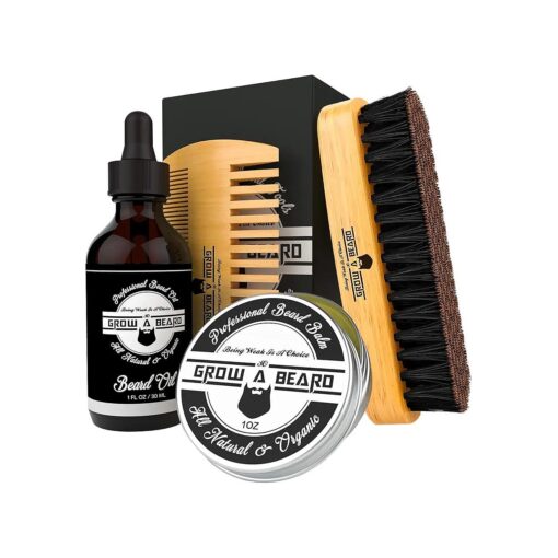 Beard Brush, Beard Comb, Beard Oil, & Beard Balm Grooming Kit for Men 's Care, Travel Bamboo Facial Hair Set for Growth, Styling, Shine & Softness, Great Gifts for Him