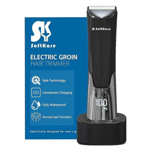 SoftKare Groin Hair Trimmer for Men - Safe Ball Shaver, Replaceable Ceramic Blade Heads & Charging Base, Electric Body Groomer with Light Power Display, Waterproof Wet / Dry Use Male Razor Black