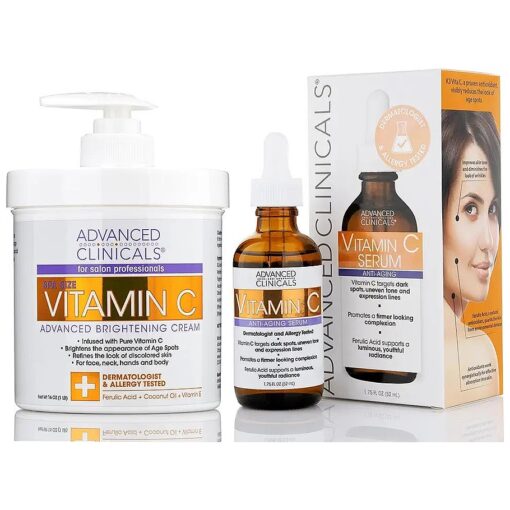 Advanced Clinicals Vitamin C Body Lotion + Potent Vitamin C Serum 2pc Bundle | Face Serum & Body Cream Brightening Skin Care Set & Kits For Wrinkles, Dark Spots, Dry Skin, & Uneven Skin Tone, 2-Pack