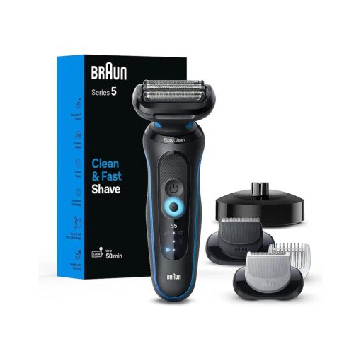 Braun Electric Shaver for Men, Series 5 5150cs, Wet & Dry Shave, Turbo Shaving Mode, Foil Shaver, with Beard Trimmer, Body Groomer and Charging Stand, Blue