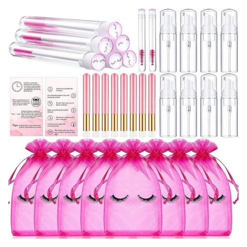 8 Pcs Lash Shampoo Brushes Set Eyelash Aftercare Bag Disposable Mascara Tubes Foam Pump Bottle Extension Aftercare Instructions Cards Eyelash Accessories for Women Mother 's Gift ( Mesh Bag, Organza )