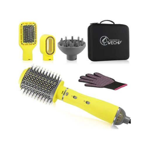 Hot Air Brush, 4 in 1 One Step Professional Hair Dryer Brush for Curling Drying Straightening Combing, Negative Ion Volumizer Hair Dryer Brush ( Yellow )