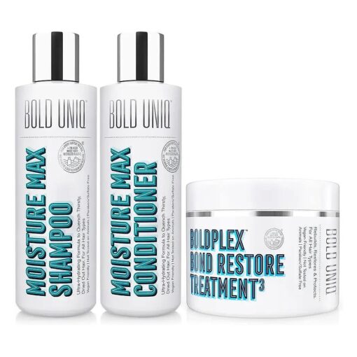 Bold Uniq Boldplex 3 Bond Restore Treatment & Moisturizing Shampoo & Conditioner Bundle, Hydrating & Conditioning, Adds Moisture & Shine, Paraben & Sulfate Free, Vegan & Cruelty Free .