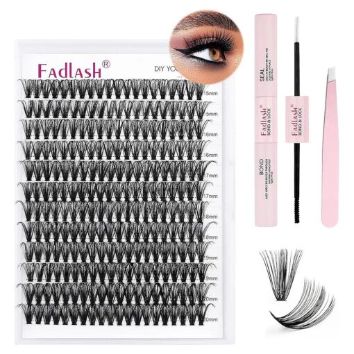 FADLASH DIY Lash Extension Kit Individual Lashes Cluster D Curl Eyelash Extension Kit with Lash Bond and Seal and Lash Applicator Tool for Self Application at Home ( 40D-0.07D-12-18MIX KIT )