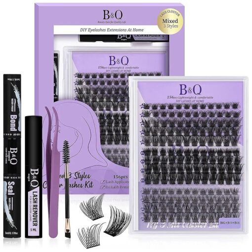 Lash Extension Kit B01+B02+B19 Eyelash Extension Kit B & Q DIY Lash Extension Kit 156 PCS Lash Clusters 8-18mm Cluster Eyelash Extensions Kit with Lash Bond and Seal Lash Applicator Tool ( Kit, Andromeda )