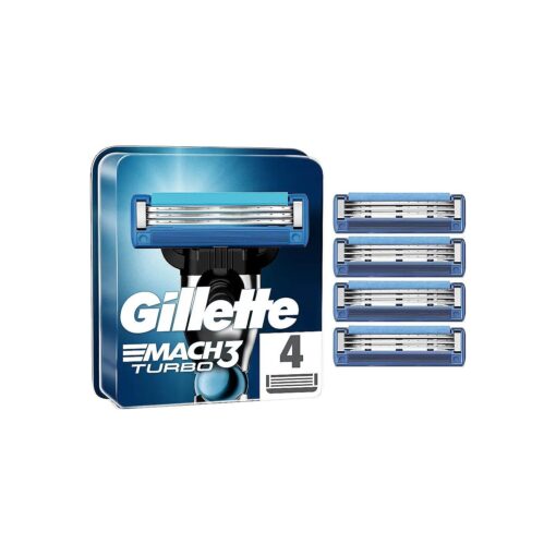 Gillette Mach3 Turbo Razor Blades Men, Pack of 4 Razor Blade Refills, Stronger Than Steel Blades, Enhanced Lubrastrip