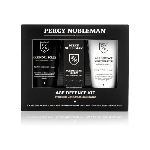 Age Defence Kit, a men 's skincare set containing Charcoal Face Scrub ( with Natural AHAs ), ultra-hydrating Facial Serum ( with Hyaluronic Acid ), and Moisturiser ( with Vitamin C )