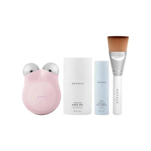 NuFACE MINI+ Microcurrent Facial Device Kit - FDA Cleared Face Sculpting & Skin Tightening Device to Contour, Lift & Tone + Microcurrent Gel Activator, Silk Creme & Applicator Brush - Sandy Rose