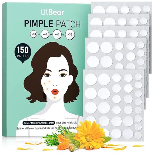 LitBear Pimple Patches, Acne Patches for Face with Tea Tree Oil and Calendula Oil, Hydrocolloid Patches for Absorbing Acne Pus, 4 Sizes 150 Counts