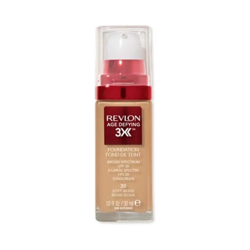 Revlon Liquid Foundation, Age Defying 3XFace Makeup, Anti-Aging and Firming Formula, SPF 30, Longwear Medium Buildable Coverage with Natural Finish, 030 Soft Beige, 1 Fl Oz