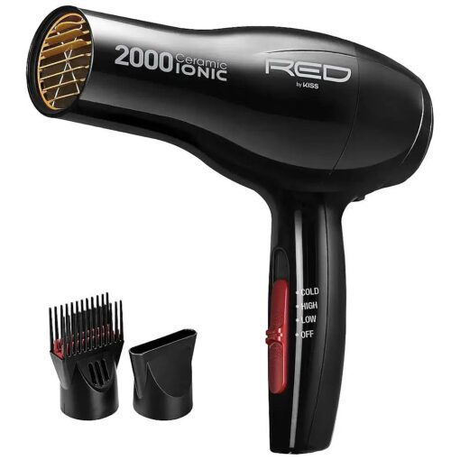 RED by Kiss Hair Dryer Ionic Hair Blow Dryer - Ceramic Technology, Anti-Frizz, 3 Heat Settings, Lightweight, 2 Detangler Piks