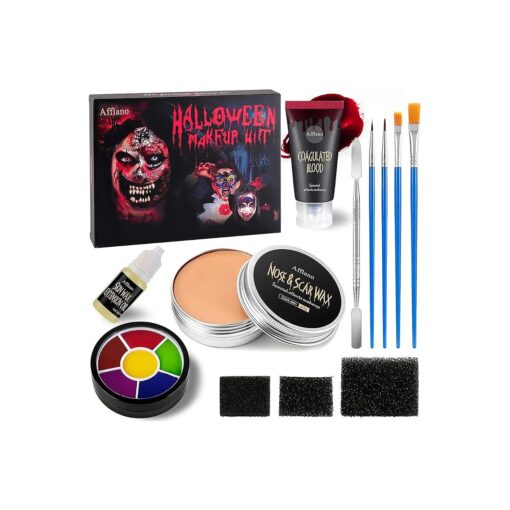 Afflano Bruise SFX Halloween Makeup Kit, Nose Scar Wax 60g+ Spatula+Stage Fake Blood+Face Body Paint+Skin Wax Oil, 3 Stipple Sponge For Festival Theatrical Wound Modeling Skull Zombie Vampire Makeup