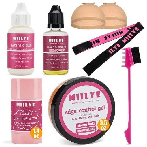 MIILYE Lace Wig Glue and Hair Styling Wax Gel Combo Pack Wig Install Kits, Wig Glue for Front Lace Wig and Remover, Edge Control Gel 3.5oz, Hair Wax Stick, Wig Band, Wig Caps and Edge Brush