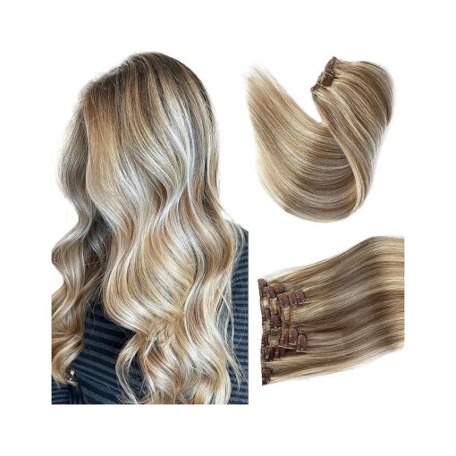 Remy Human Hair Clip in Extensions, Ash Brown Mixed Platinum Blonde Hair Extensions Clip in Real Human Hair,12 Inch 70G 7 Pcs Double Weft Hair Extensions Real Human Hair Clip ins for Women