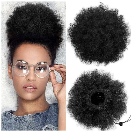 WILLBOND 2 Pieces Afro Puff Drawstring Ponytail Synthetic Short Curly Hair Afro Bun Extension Afro Chignon Hairpieces Wig Updo Hair Extensions ( Light Black )