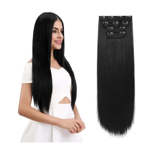 REECHO 28" Straight Super Long 4 PCS Set Thick Clip in on Hair Extensions Natural Black