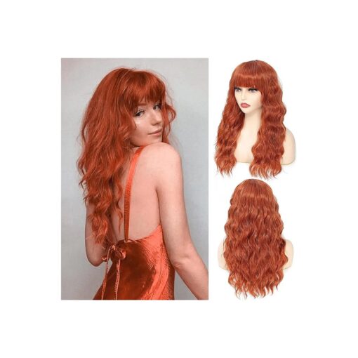 X-TRESS Ginger Wigs with Bangs 22Inch Synthetic Natural Curly Bang Orange Wigs for Black Women Synthetic Wavy Heat Resistant Fiber Hair Wigs for Daily Party Copper Wig ( Ginger )