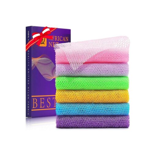 UJFQBH 6 Pieces African Bath Sponge African Net Long Net Bath Sponge Exfoliating Shower Body Scrubber Back Scrubber Skin Smoother, Great for Daily Use ( Purple, Purple, Pink, Orange, Blue, Green )