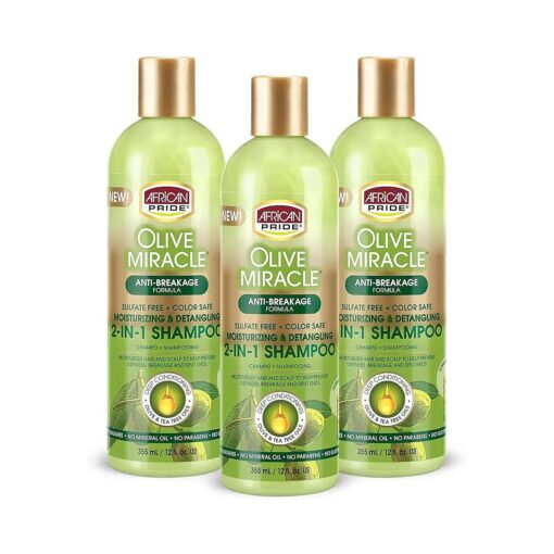 African Pride Olive Miracle Shampoo & Conditioner 2 in1 Formula ( 3 Pack ) enriched with tea tree and olive oil to moisturize and protect hair and scalp, 12oz .