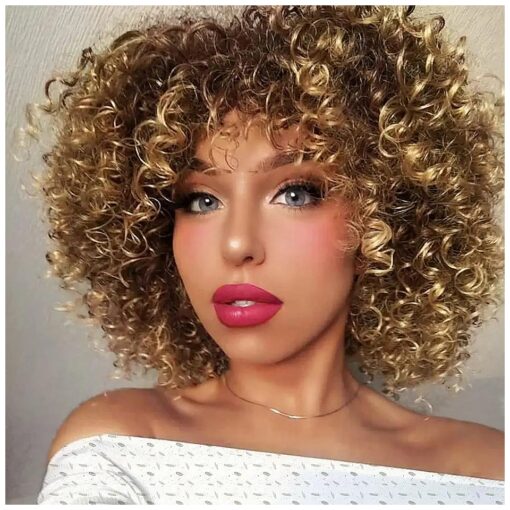 Onpep Afro Curly Wigs for Black Women Short Shoulder Length Kinky Wig with Bangs Brown Mixed Blonde Heat Resistant Wigs