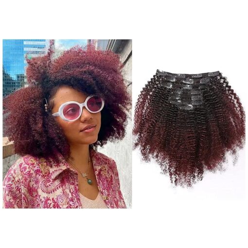 Afro Kinky Curly Clip in Human Hair Extensions for African American Black Women, Brazilian Curly Clips Hair Extensions, Real Remy Human Hair, Two Tone Wine Red, 4B 4C Kinky Curly Clip in 7 Pieces 120 Grams With 17 Clips, 16 Inch