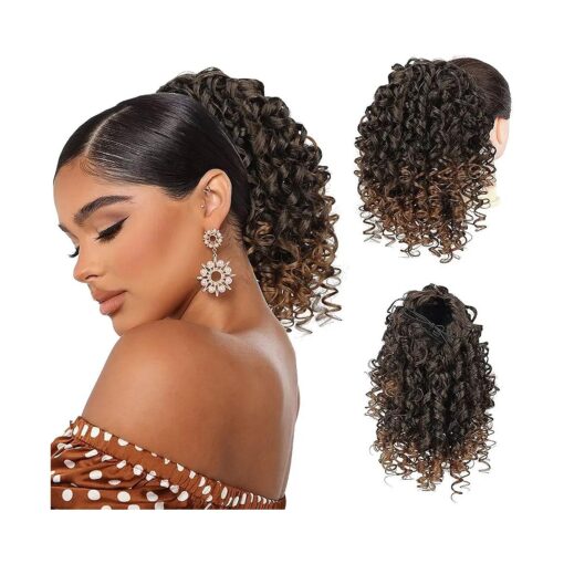 Drawstring Ponytail Afro Kinky Curly Ponytail for Black Women, PEACOCO 10 Inch Synthetic Hairpieces Clip in Jerry Curls Afro Puff Ponytail Extensions ( T1B/30 )