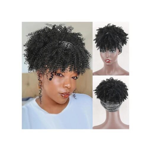 LEOSA Black Headband Wigs for Women Afro Kinky Curly Wig with Bangs Synthetic Short Hair Wigs with Headband Attached Headwrap Wigs Kinky Curly Headband Wig 4inch