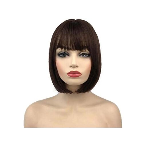 Aimole Short Bob Straight Wig with Cute Flat Bangs Synthetic Hair with Skin Top