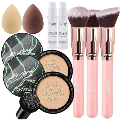 Air Cushion CC Cream Mushroom Head Foundation, 2 PCS Amazfly Moisturizing BB Cream Face Primer Makeup Long Lasting Matte Concealer Bright Makeup Base Long Lasting with Mushroom Makeup Sponge and Powder Brush ( CHAFFUL Natural )