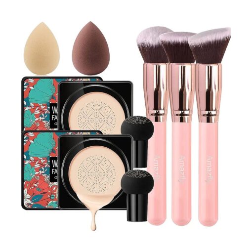 2 PCS Air Cushion CC Cream Mushroom Head Foundation, Amazfly Moisturizing BB Cream Makeup Long Lasting Matte Concealer Bright Makeup Base Long Lasting with Mushroom Makeup Sponge and Powder Brush ( Vory White )