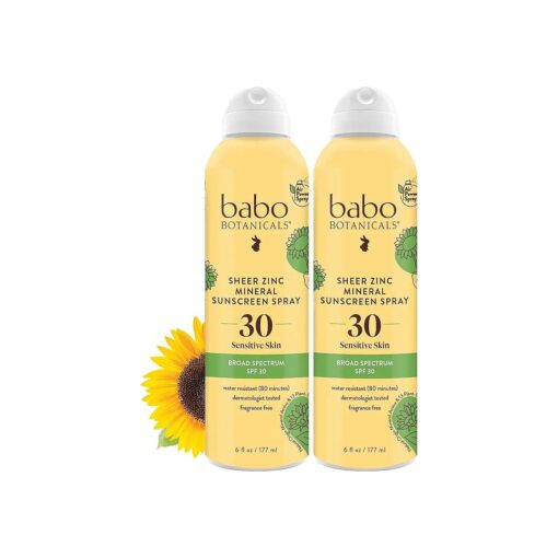 Babo Botanicals Sheer Zinc Continuous Sunscreen Spray SPF30 - Natural Zinc Oxide - Extra Sensitive Skin - Water Resistant - Vegan - Fragrance-Free - Air-Powered Spray - For all ages