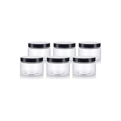 JUVITUS 12 oz Clear PET Plastic Refillable Low Profile Jar with Black Smooth Lids ( 6 pack )