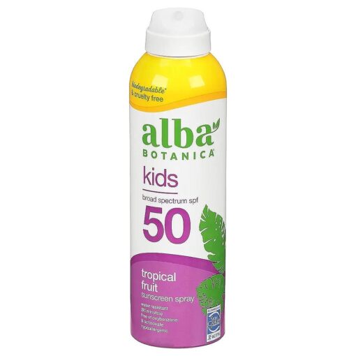 Alba Botanica Kids Sunscreen Spray for Face and Body, Tropical Fruit, Broad Spectrum SPF 50, Water Resistant, 5 fl, oz, Bottle