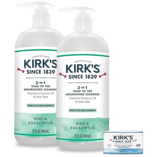 Kirk 's 3 in 1 Castile Clean Mint Shampoo Body Wash Liquid Soap Travel Size Bar Soap ( 1.13 oz, ) | Mint & Eucalyptus Scent | For Men, Women & Children | 32 Fl Oz, - 2 Pack