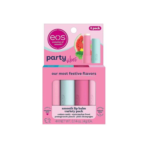 eos Party Vibes Lip Balm Variety Pack- Cotton Candy, Watermelon Frose, Pomegranate Punch & Pink Champagne, All-Day Moisture Lip Care Products, 0.14 oz, 4-Pack