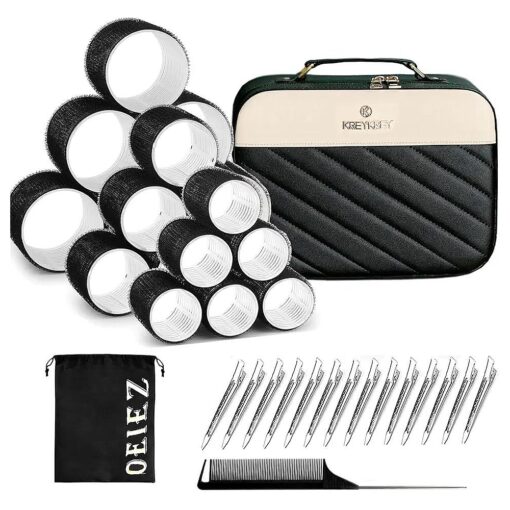 Hair Roller Set, Heatless Hair Curlers, Self Grip Hair Rollers, Salon Hairdressing Curlers, DIY Hair Styles, 3sizes Jumbo Large Medium 18pcs Rollers with Makeup Case & Clips & Comb ( Black )