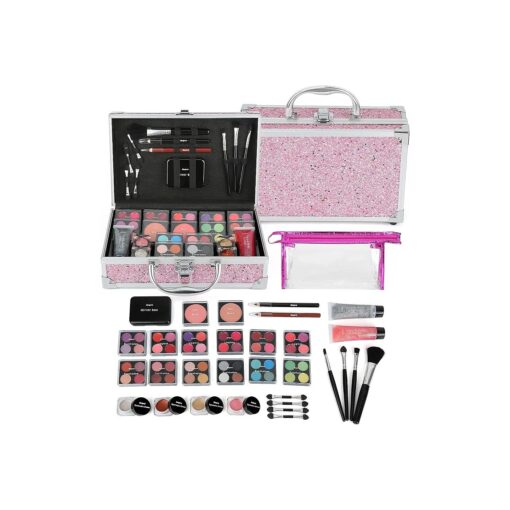 Anpro All-In-One Makeup Carry Case with Pro Teen Makeup Set, Full Starter Cosmetics Kit with Makeup Brushes, Lipsticks, Eye Shadows Palette, Blushes, Glitter Gel-Pink