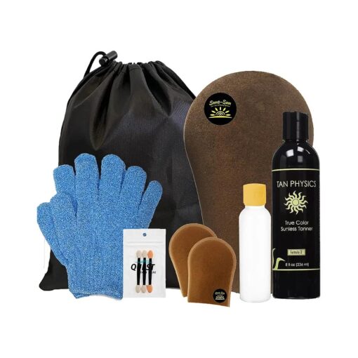 Tan Physics Self Tanner ( 11pc Deluxe Bundle ) Tan Physics True Color Sunless Tanner - Travel Bag & Bottle, Gloves, Application Mitt & Detail Applicator