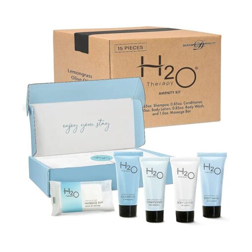 H2O Therapy Amenity Kit | Boxed Hotel Toiletries | Bulk Set .85 oz Travel Size Shampoo, Conditioner, Lotion, Body Wash & Body Bar Soap for Guest Hospitality AirBnB/Vacation Rentals | 15 sets per case