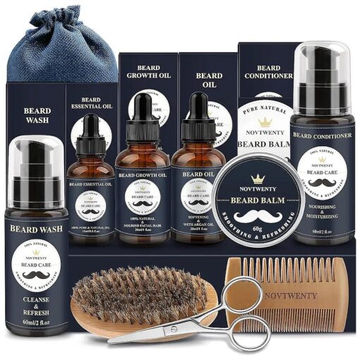 Beard Grooming Kits, 10pcs Beard Growth Kit with Beard Wash, Beard Oil and Growth Oil, Conditioner, Balm, Beard Brush, Beard Comb and Scissors, Gifts Box for Men