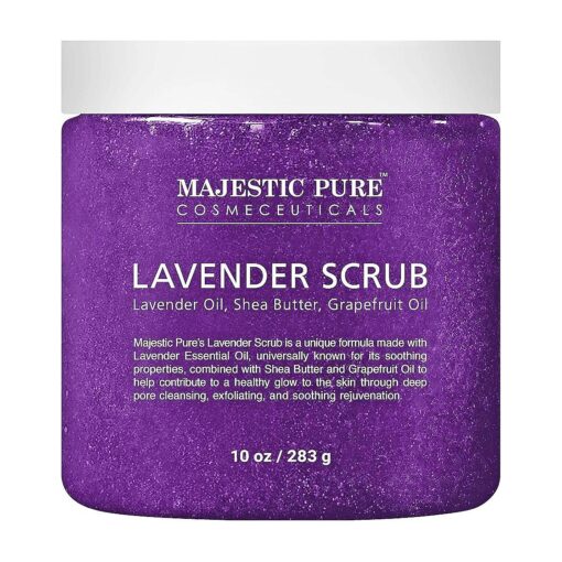 Lavender Oil Body Scrub Exfoliator with Shea Butter and Grapefruit Oil by Majestic Pure - Exfoliate & Moisturize Skin, Fights Acne - 10 oz